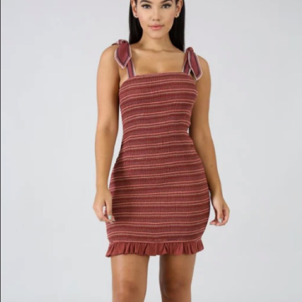 Storia Embroidered Striped Chai Smocked Ruffle Bottom Tie Sleeves Mini Dress S